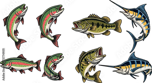 Vibrant collection of popular freshwater and saltwater game fish illustrations, featuring leaping trout, powerful largemouth bass, and dynamic marlin, perfect for fishing and outdoor themed projects