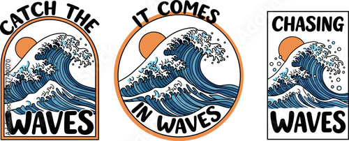 Collection of three unique graphic designs showcasing powerful ocean waves crashing under a bright sun, each with a distinct artistic frame and motivational surf-related text, ideal for summer themes