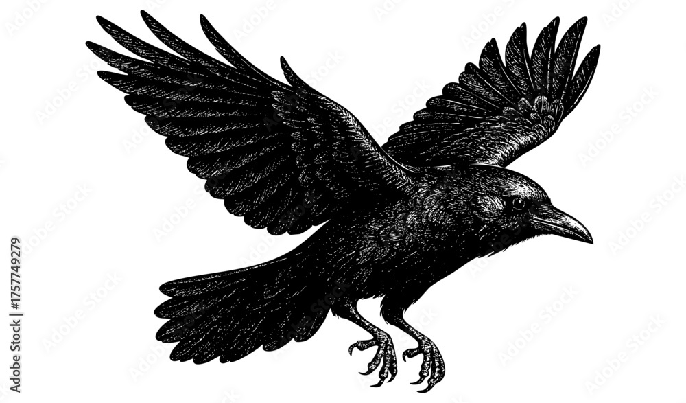 Fototapeta premium Crow in Flight – Vintage Engraving Illustration of a Crow with Wings in Downstroke and Dynamic Symmetry, Black and White Etching, Vector and PNG Isolated on Transparent Background