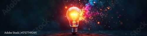 Colorful Idea Explosion Vibrant Lightbulb Burst Against Dark Background, Symbolizing Creative Energy, Innovation, and Inspiration