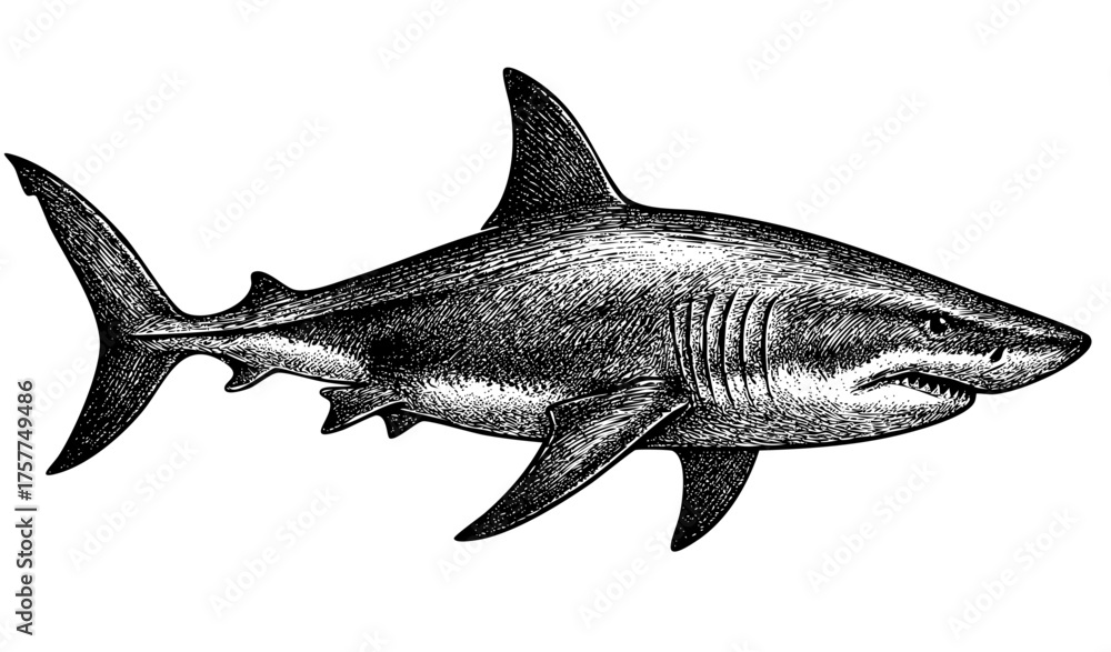 Fototapeta premium Shark Side View – Vintage Engraving Illustration of a Shark in Streamlined Motion with Clean Lines and Detailed Fins, Black and White Etching, Vector and PNG Isolated on Transparent Background
