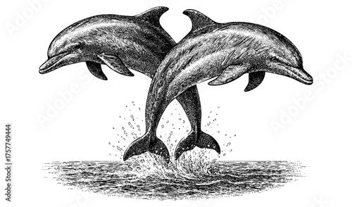 Pair of Dolphins – Vintage Engraving Illustration of Two Dolphins in a Synchronized Leap Above the Ocean, Black and White Etching, Vector and PNG Isolated on Transparent Background