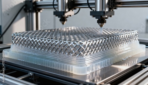 Medium shot highlighting hybrid 3D printing integrating metal and polymer materials for durable mechanical components