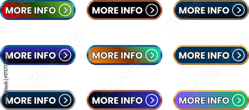 More Info Buttons Set of nine modern gradient button designs featuring text and an arrow icon. Each button offers a distinct color scheme and border for diverse web design needs.