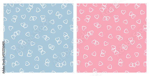 Vector Set of Two Seamless Heart Patterns. Blue and Pink Love Backgrounds with Hearts for Valentine's day, Birthday, Wedding, Baby shower