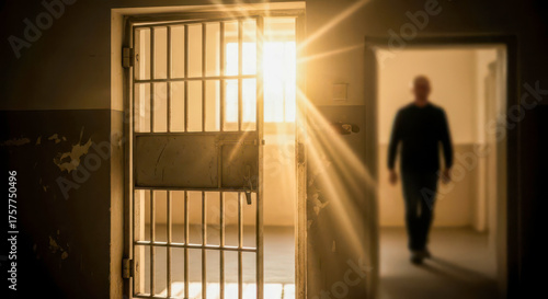 Man walking out of a prison cell towards the light and freedom