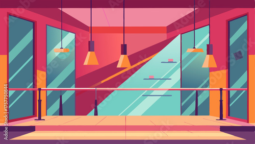 A brightly lit dance studio with floortoceiling mirrors and ballet barres