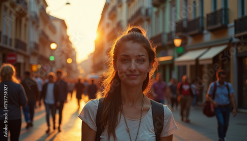 Young Woman Smiling in a Busy Urban Street at Sunset
