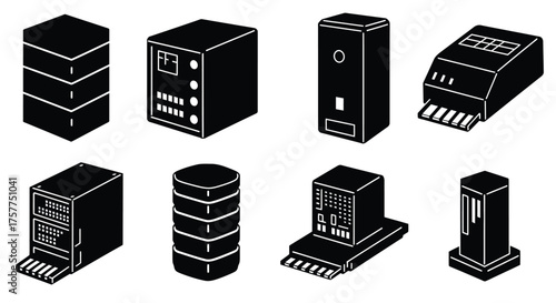 Isometric server rack and network equipment black and white illustration