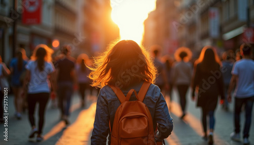 Woman Walking in Crowded Street at Sunset