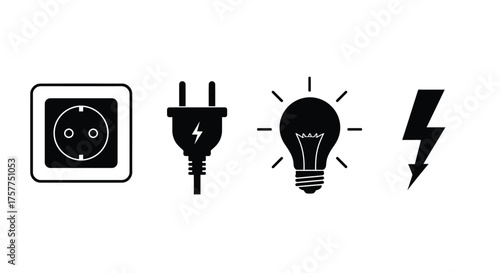 Electrical symbols representing power socket plug bulb and lightning bolt