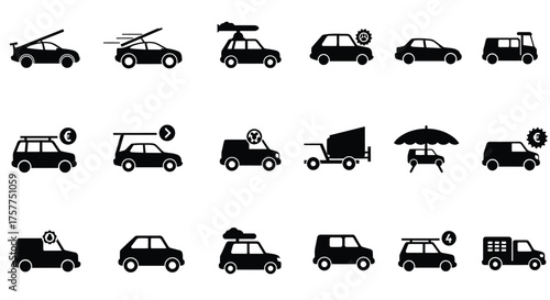 Collection of black silhouette icons depicting various vehicle types and features
