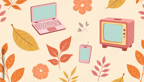 Flat design background with laptops, mobile phones, and vintage TVs among autumn leaves
