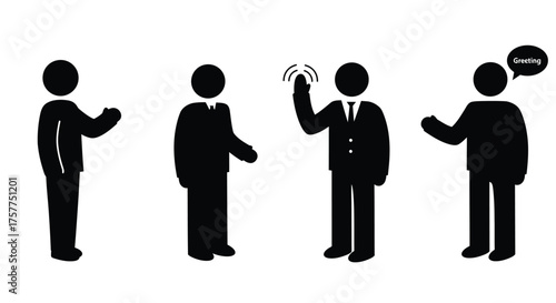 Four silhouetted figures depicting a communication or negotiation sequence