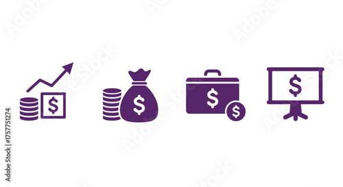 Financial growth investment and presentation icons displaying economic success