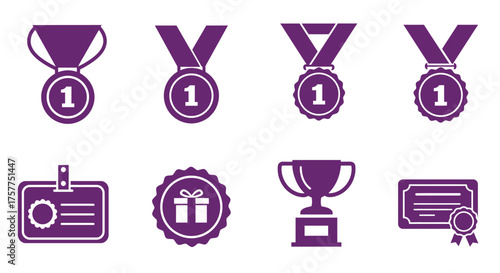Collection of purple award symbols including medals trophies and badges