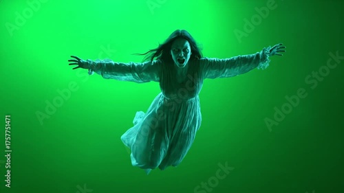 scary ghost woman Flying in front a green chroma key background.
