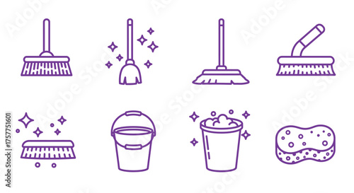 Illustrative collection of cleaning tools in a minimalist purple line style
