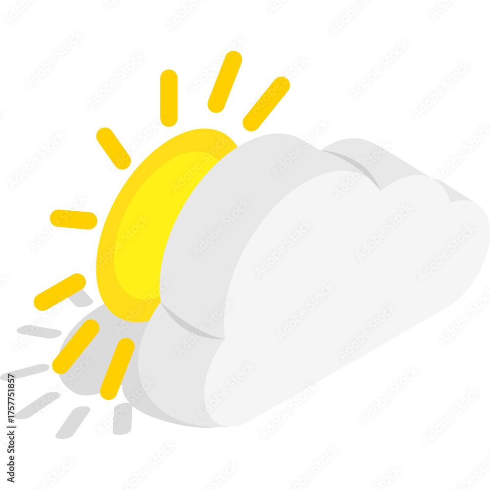 Obraz premium Partially Cloudy Weather Icon With Sun Behind Cloud And Isometric Shadows In Yellow And Gray Colors