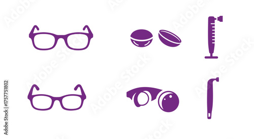 Purple icons depicting glasses sports balls headphones and measuring tools