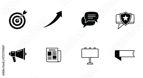 Collection of business and communication icons in a minimalist black and white style