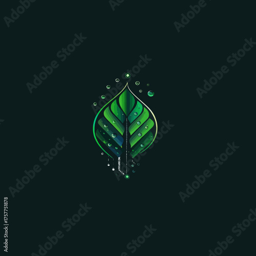 Stylized green leaf with dew drops on dark background, drips and bubbles around it