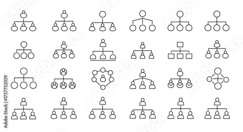 Collection of simple linear tree diagrams and organizational chart icons