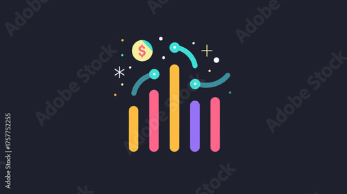 Stylized graphic depicting financial growth bars, coin, and flourishes on dark background