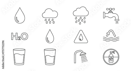 Simple line drawings depicting various water related elements and symbols