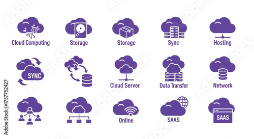 Purple cloud computing icons illustrate storage sync server and network solutions