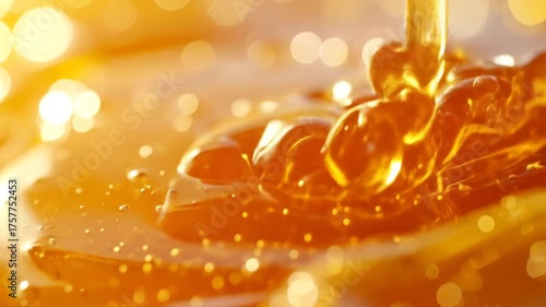Golden Honey Pouring with Bokeh Background Warm Lighting and Droplets Close Up