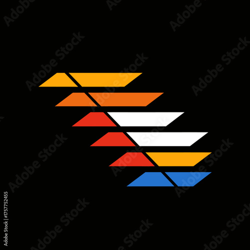 Abstract graphic featuring layered colorful shapes on a solid black background