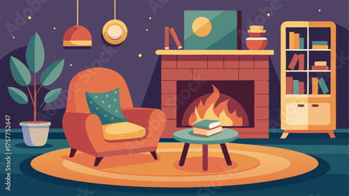 A cozy reading nook with a fireplace a few armchairs and a soft rug for added warmth and comfort.