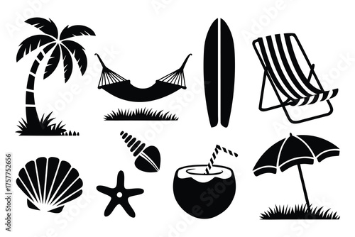 Minimalist black silhouette summer beach icons collection featuring palm tree hammock surfboard beach chair shell and tropical coconut drink