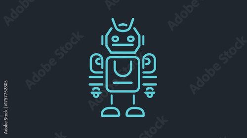 A teal outline illustration of a robot standing upright against a dark background