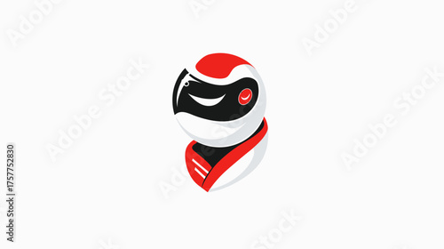 A stylized illustration of a robotic character's head with a smiling expression, in red, white, black