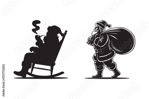 Silhouettes of santa claus smoking and carrying a sack