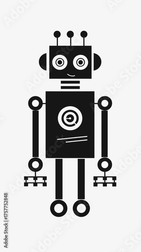 Cartoon robot depicted in simple black shapes against a plain white backdrop