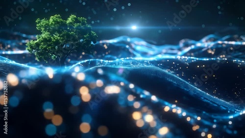 Green Tree Stands Above Futuristic Digital Terrain with Blue Light Waves at Night