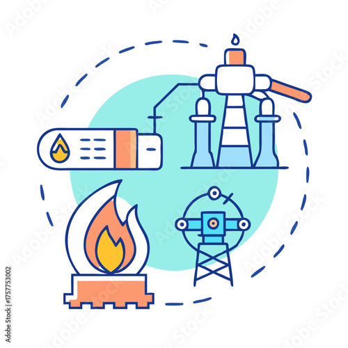 Oil and Gas Industry Processes and Infrastructure Illustrated in Blue and Orange