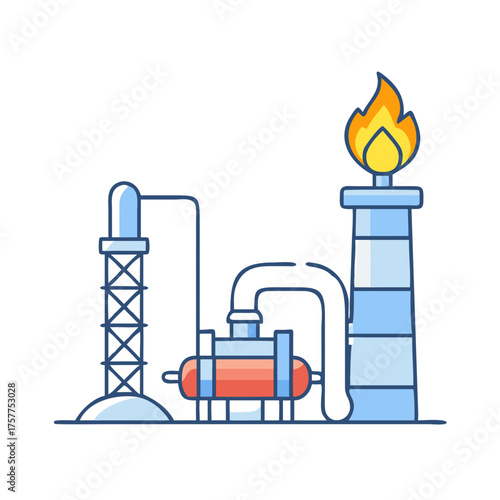 Stylized illustration of an industrial oil refinery or petrochemical plant with a flame