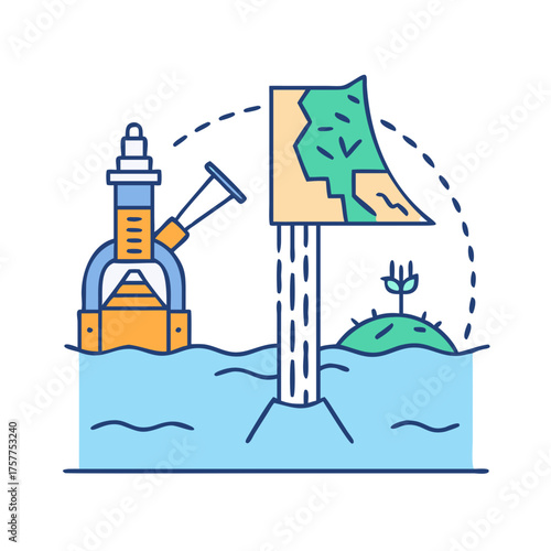 Climate change illustration featuring melting glacier, rising sea levels, and island vegetation