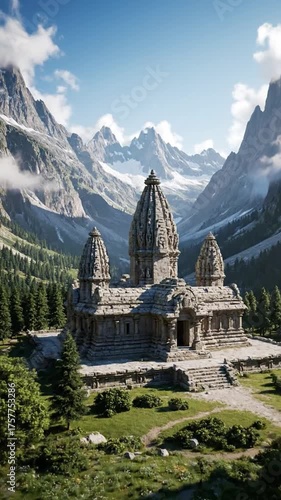 Ancient temple amidst majestic mountains under a clear blue sky