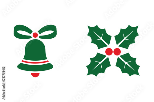Christmas bell and holly sprig festive icons