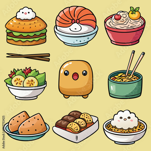 Vector art of various cartoon food items arranged on a light background