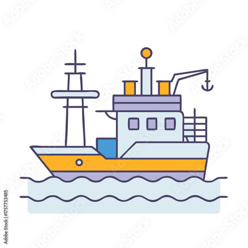 Cartoon illustration of a fishing trawler boat in the wavy ocean