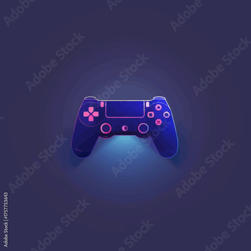 A vibrant, low-poly video game controller design, rendered with neon blue and pink, glowing softly