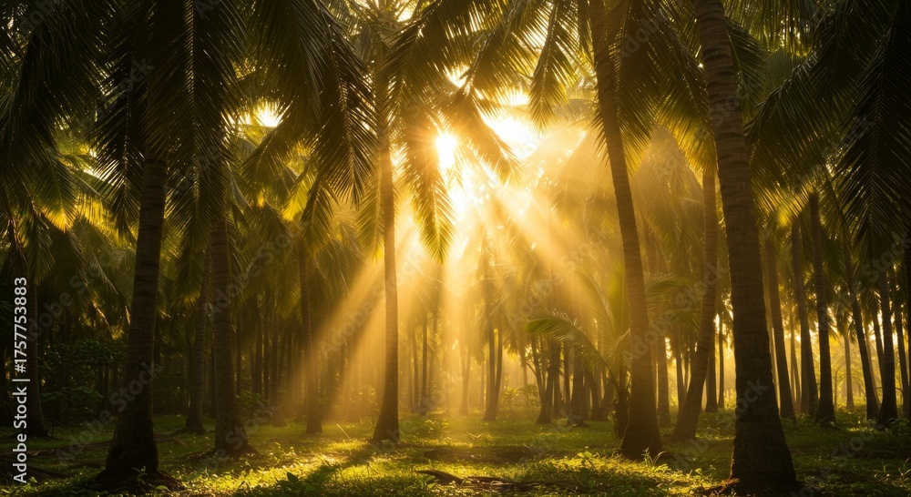 Obraz premium Golden Sunrise Rays in a Lush Palm Tree Forest