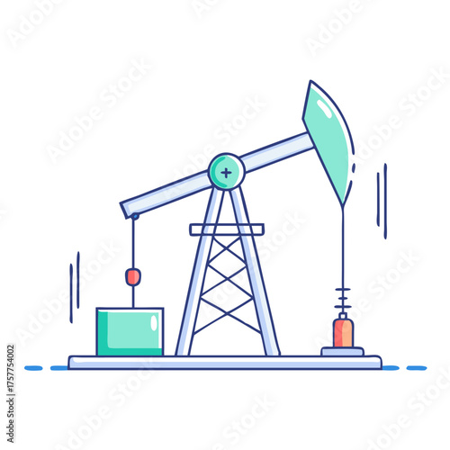 Illustrated oil pump jack in light blue and green tones on white