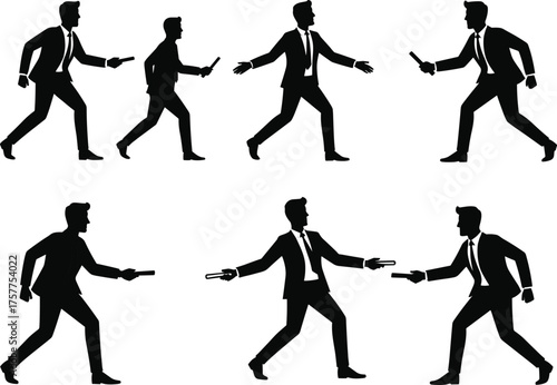 Business relay race, baton handoff silhouette, teamwork and responsibility transfer, corporate collaboration concept, cad drawing flat vector illustration